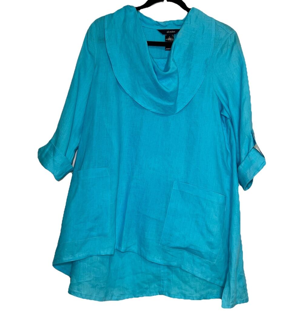 Ali Miles Tunic Top Size S Turquoise Blue 100% Linen Cowl Neck Lagenlook Coastal
